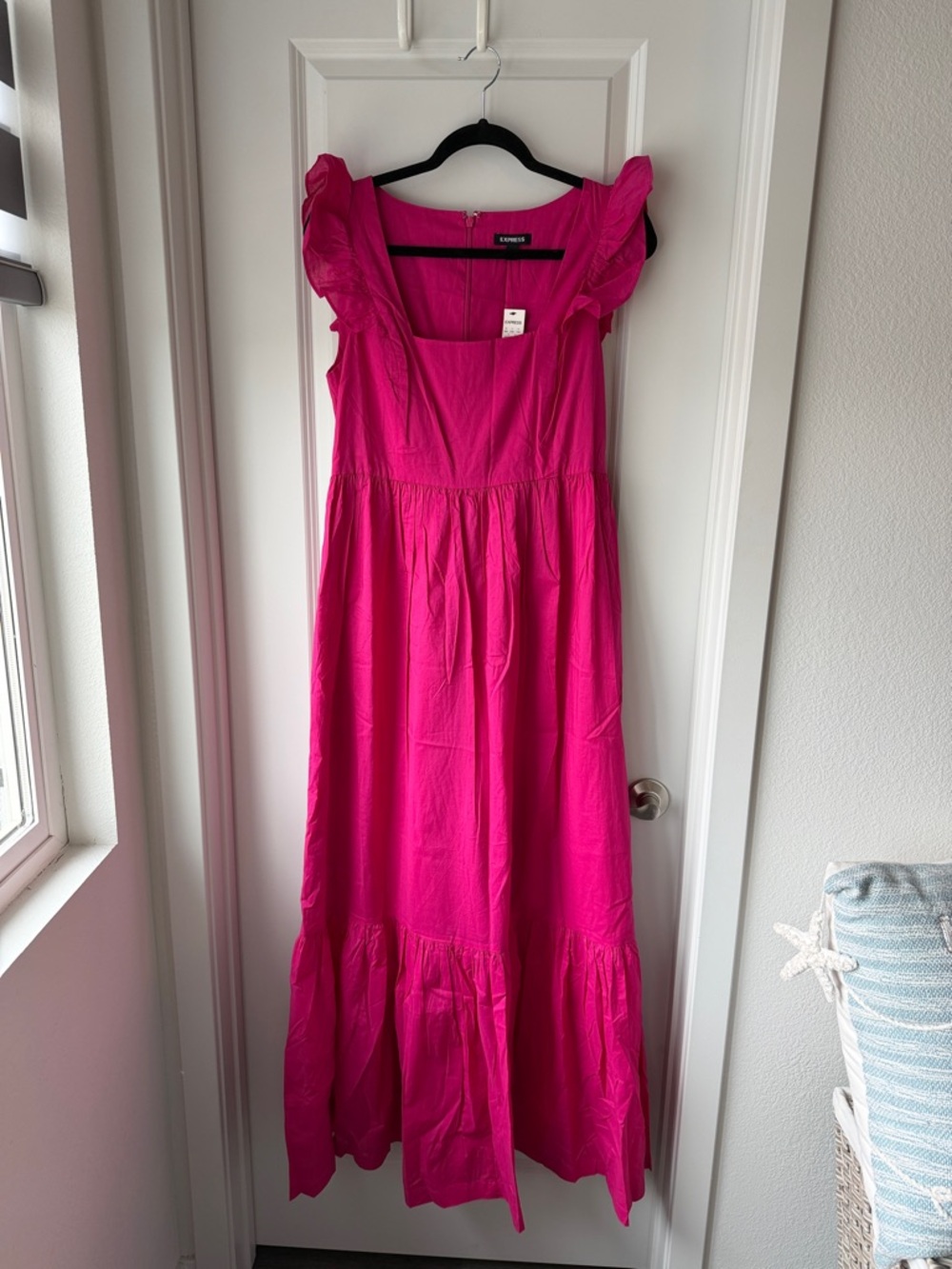 Express Hot Pink Maxi Dress with Ruffle Sleeves